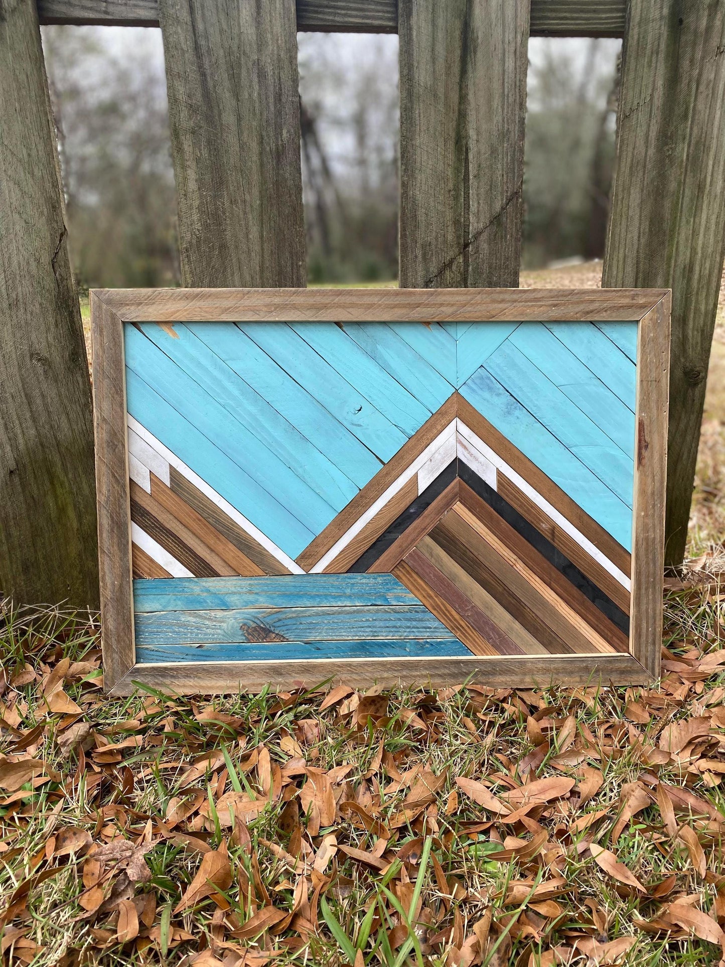 Rustic Mountain Wood Wall Art – Geometric Wood Art | Boho Landscape Wall Decor | Handmade Blue Wooden Art | Farmhouse Cabin Wall Hanging