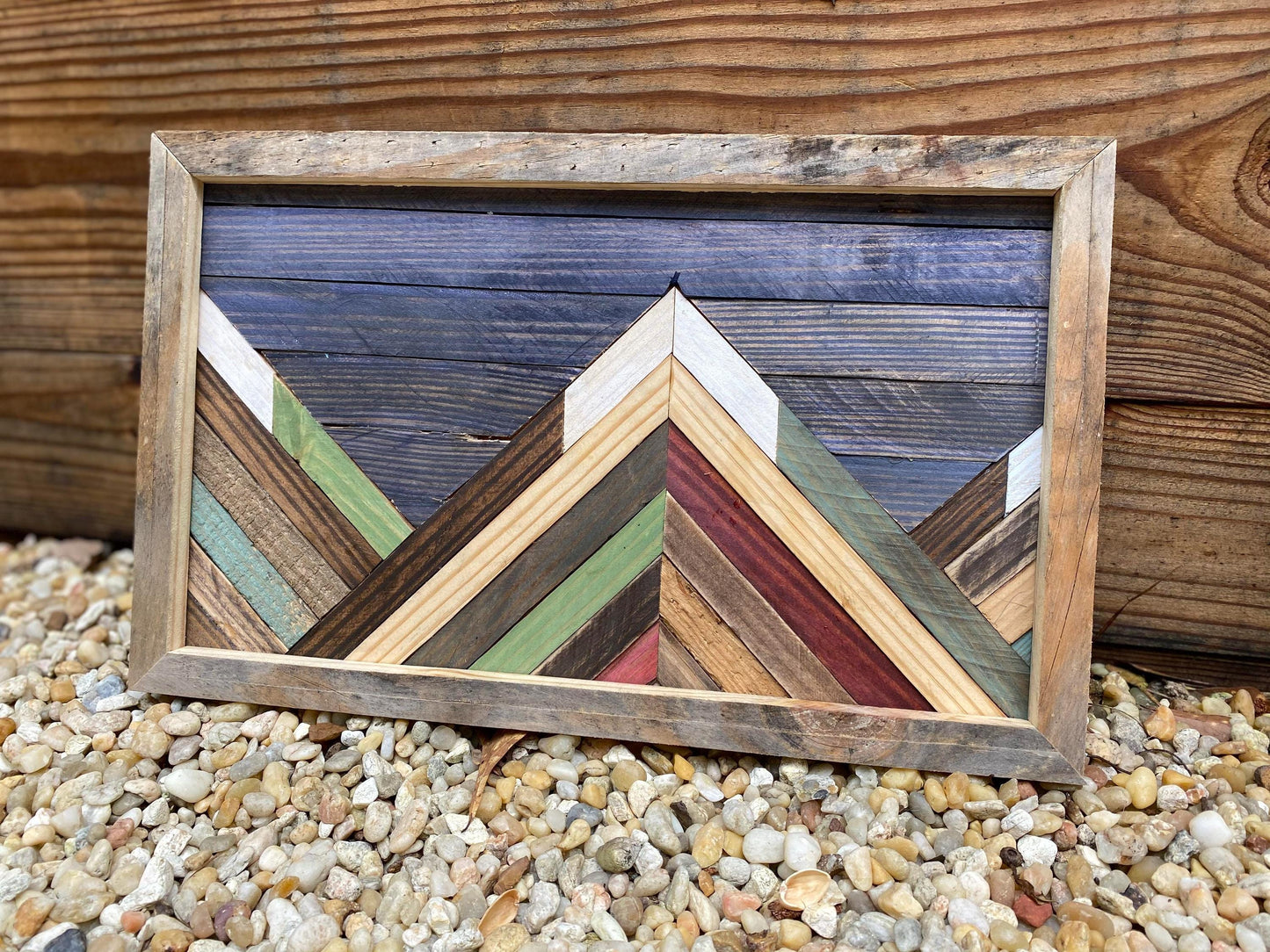 Rustic Mountain Mosaic Wall Art – Reclaimed Wood Geometric Landscape | Nature-Inspired Wall Hanging | Handcrafted Cabin Decor