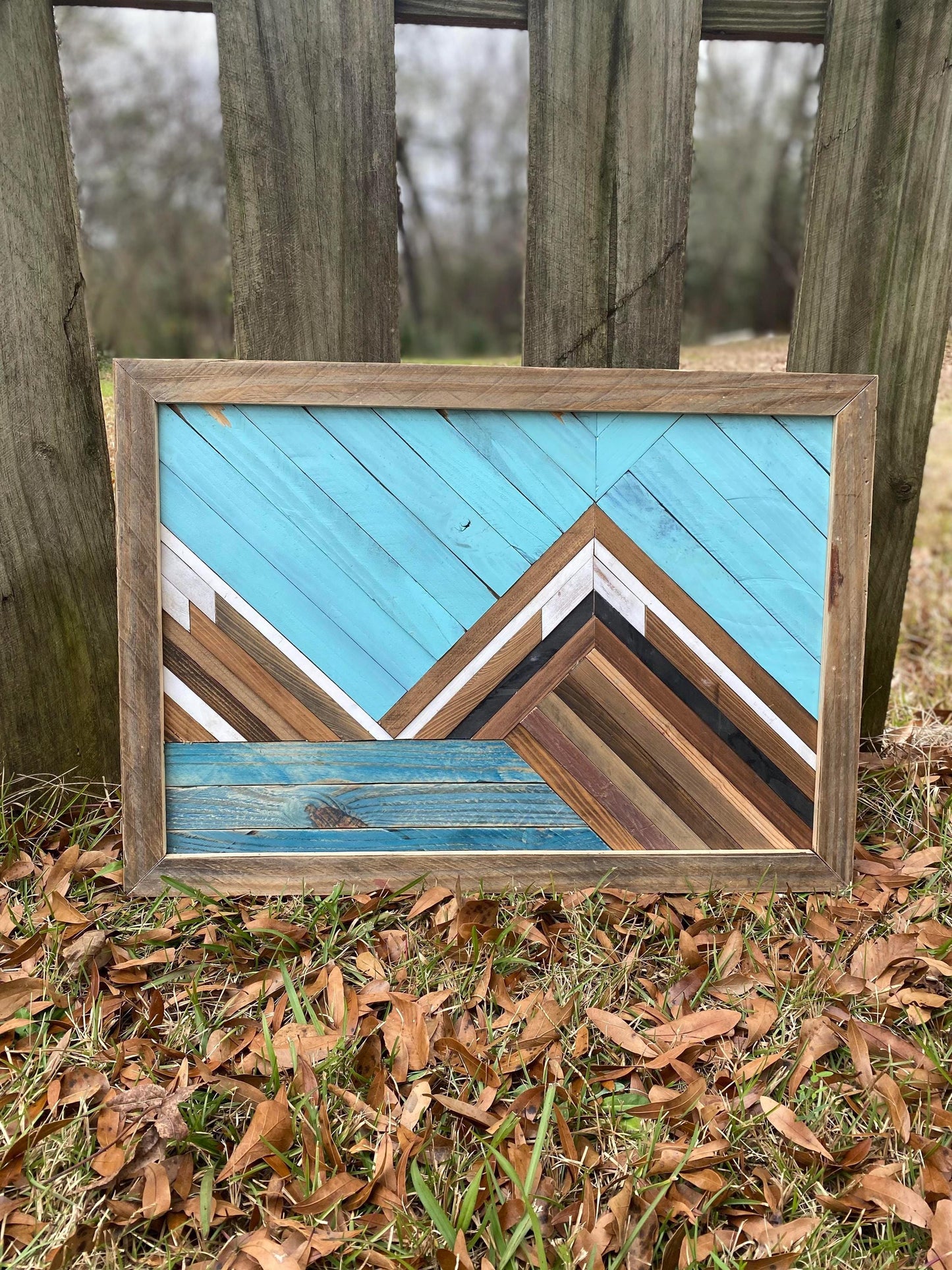 Rustic Mountain Wood Wall Art – Geometric Wood Art | Boho Landscape Wall Decor | Handmade Blue Wooden Art | Farmhouse Cabin Wall Hanging