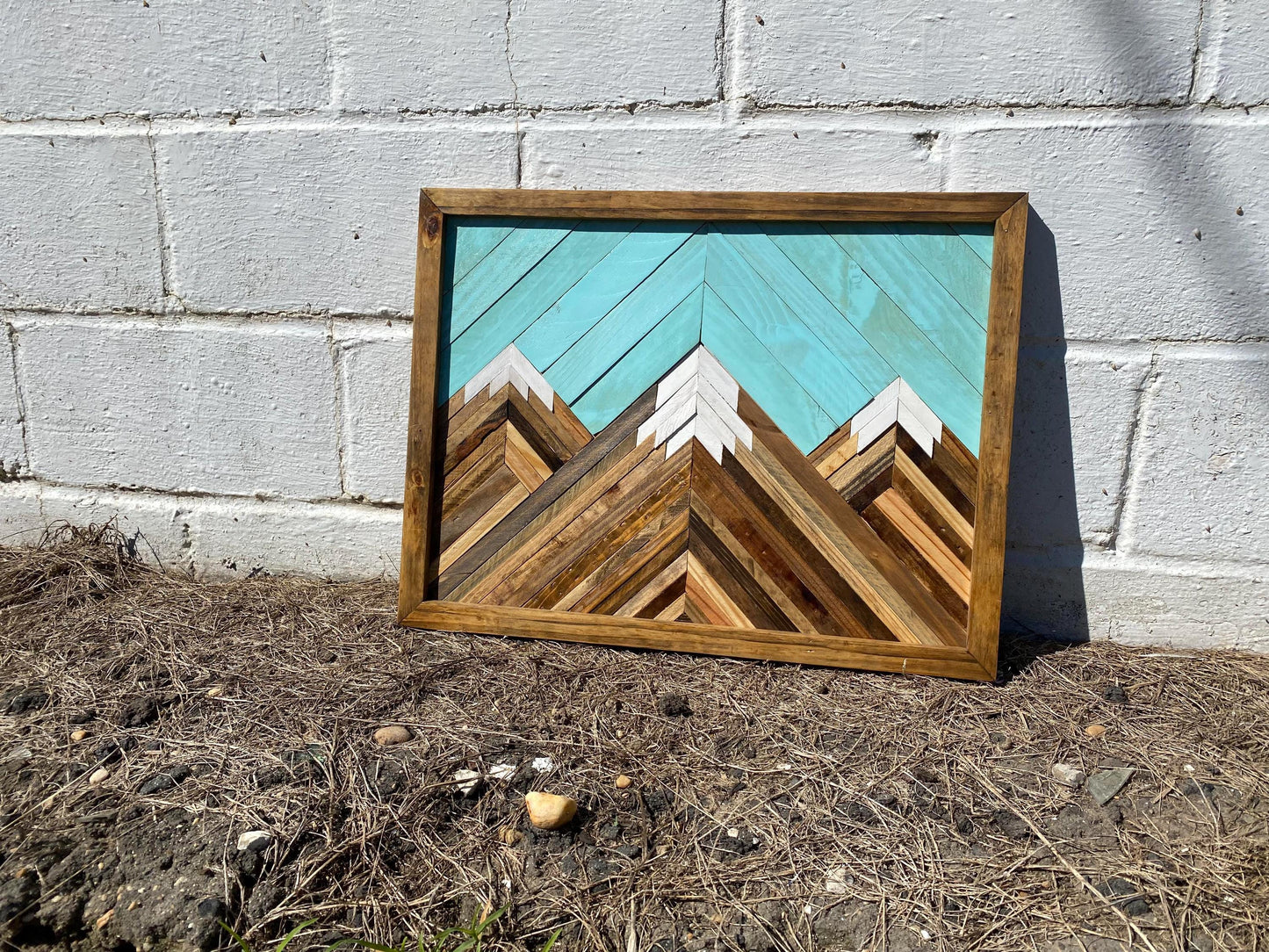 Geometric Wood Mountain Wall Art | Handmade Reclaimed Wood Mosaic | Boho Rustic Landscape Decor | Blue Sky Nature Art for Living Room