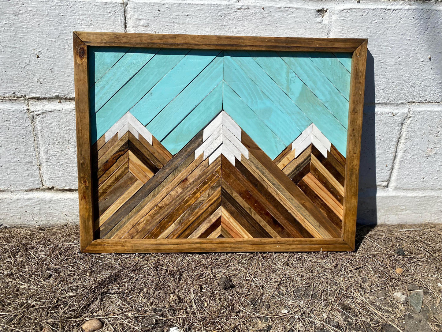 Geometric Wood Mountain Wall Art | Handmade Reclaimed Wood Mosaic | Boho Rustic Landscape Decor | Blue Sky Nature Art for Living Room