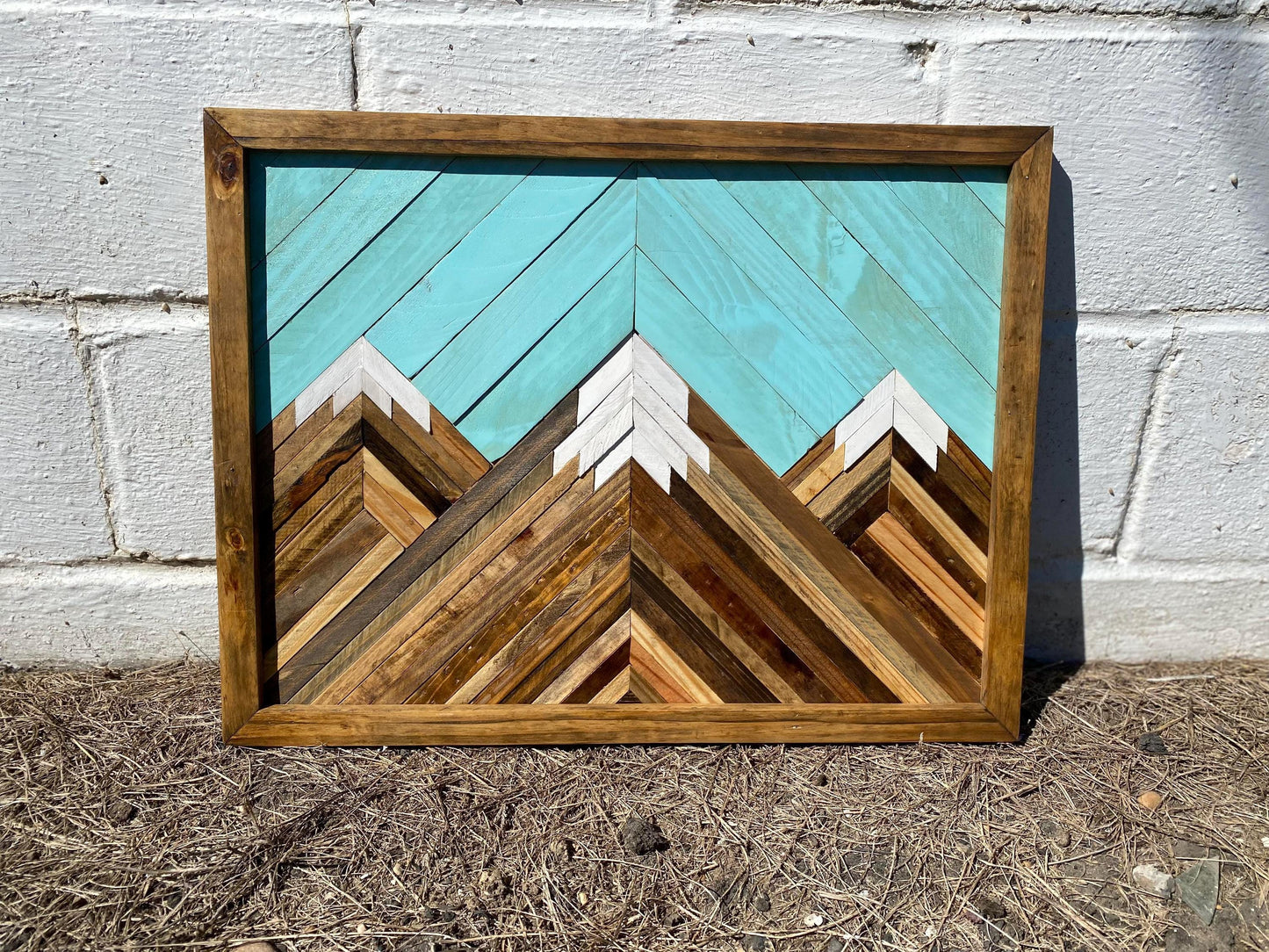 Geometric Wood Mountain Wall Art | Handmade Reclaimed Wood Mosaic | Boho Rustic Landscape Decor | Blue Sky Nature Art for Living Room