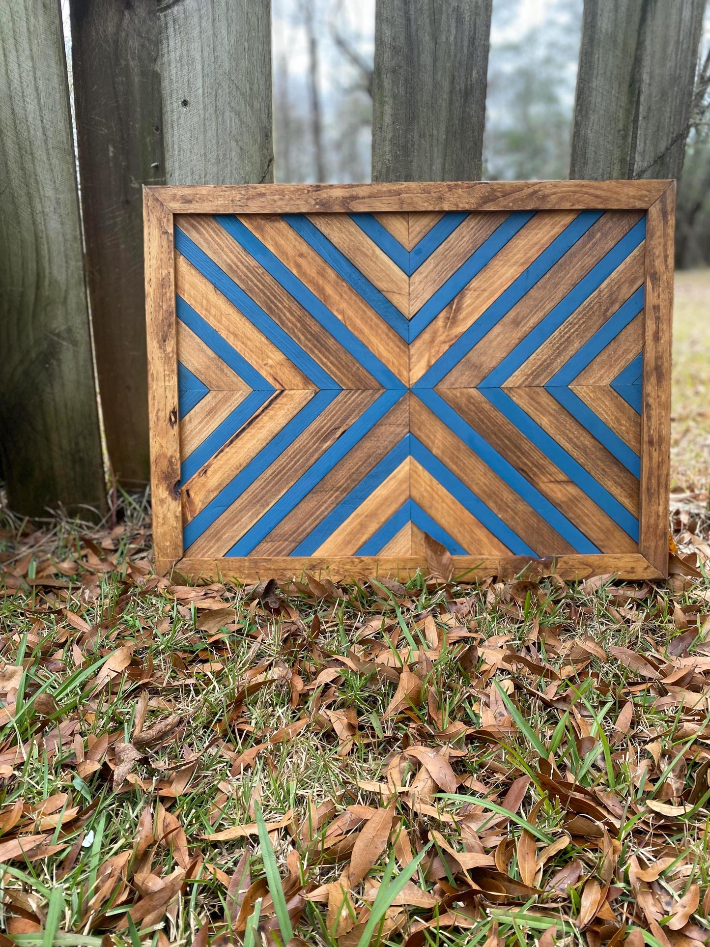 Bold Blue Geometric Wood Wall Art – Reclaimed Chevron Mosaic