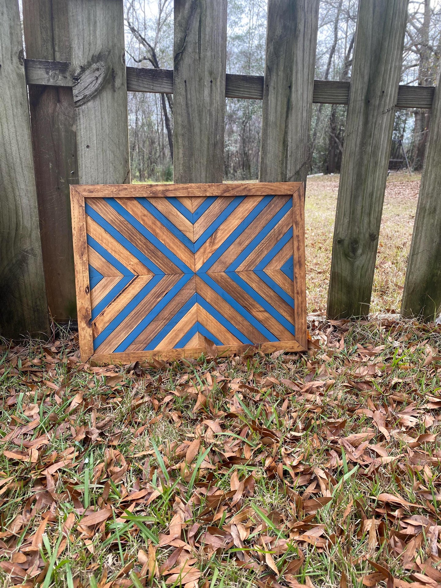 Bold Blue Geometric Wood Wall Art – Reclaimed Chevron Mosaic