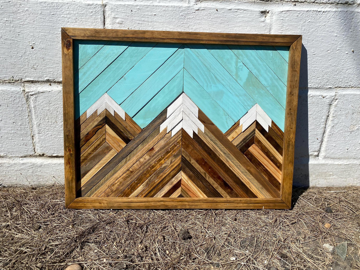 Geometric Wood Mountain Wall Art | Handmade Reclaimed Wood Mosaic | Boho Rustic Landscape Decor | Blue Sky Nature Art for Living Room
