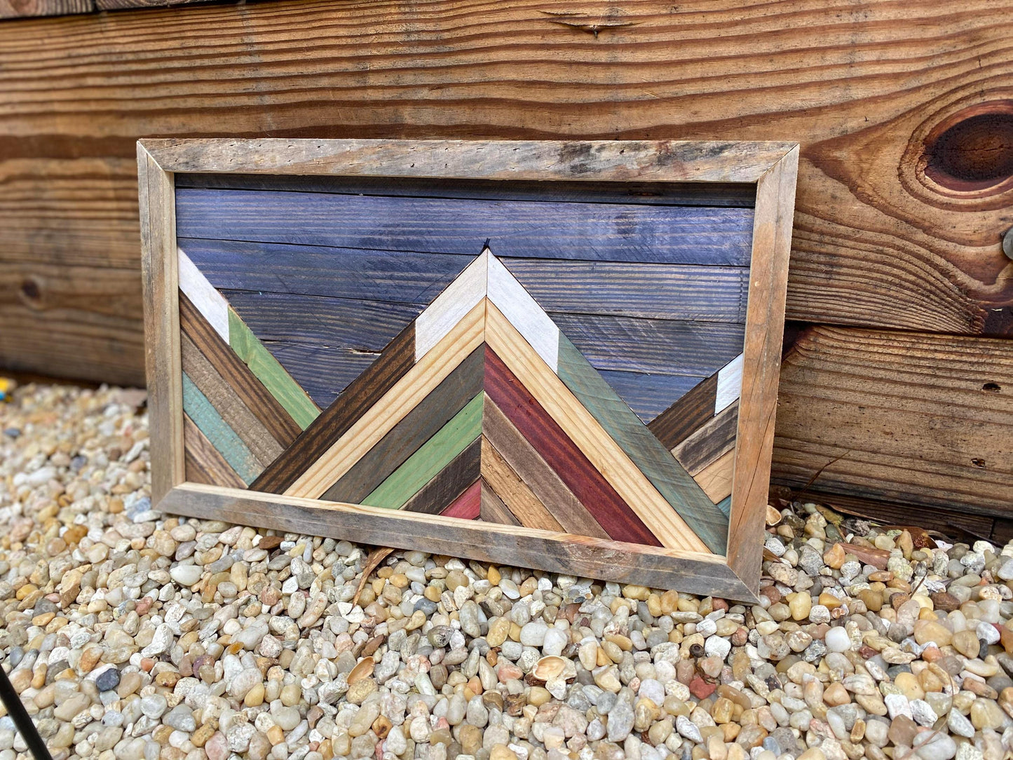 Rustic Mountain Mosaic Wall Art – Reclaimed Wood Geometric Landscape | Nature-Inspired Wall Hanging | Handcrafted Cabin Decor