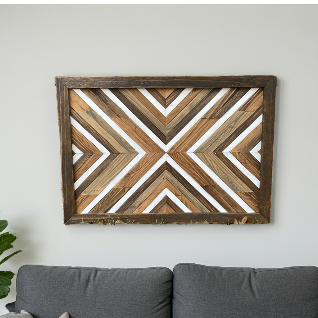 Natural Chevron Wood Wall Art – Reclaimed Geometric Mosaic