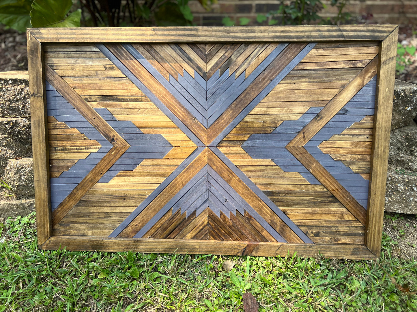 Rustic Geometric Wood Wall Art – Handmade Reclaimed Wood Mosaic with Bold Arrow Design