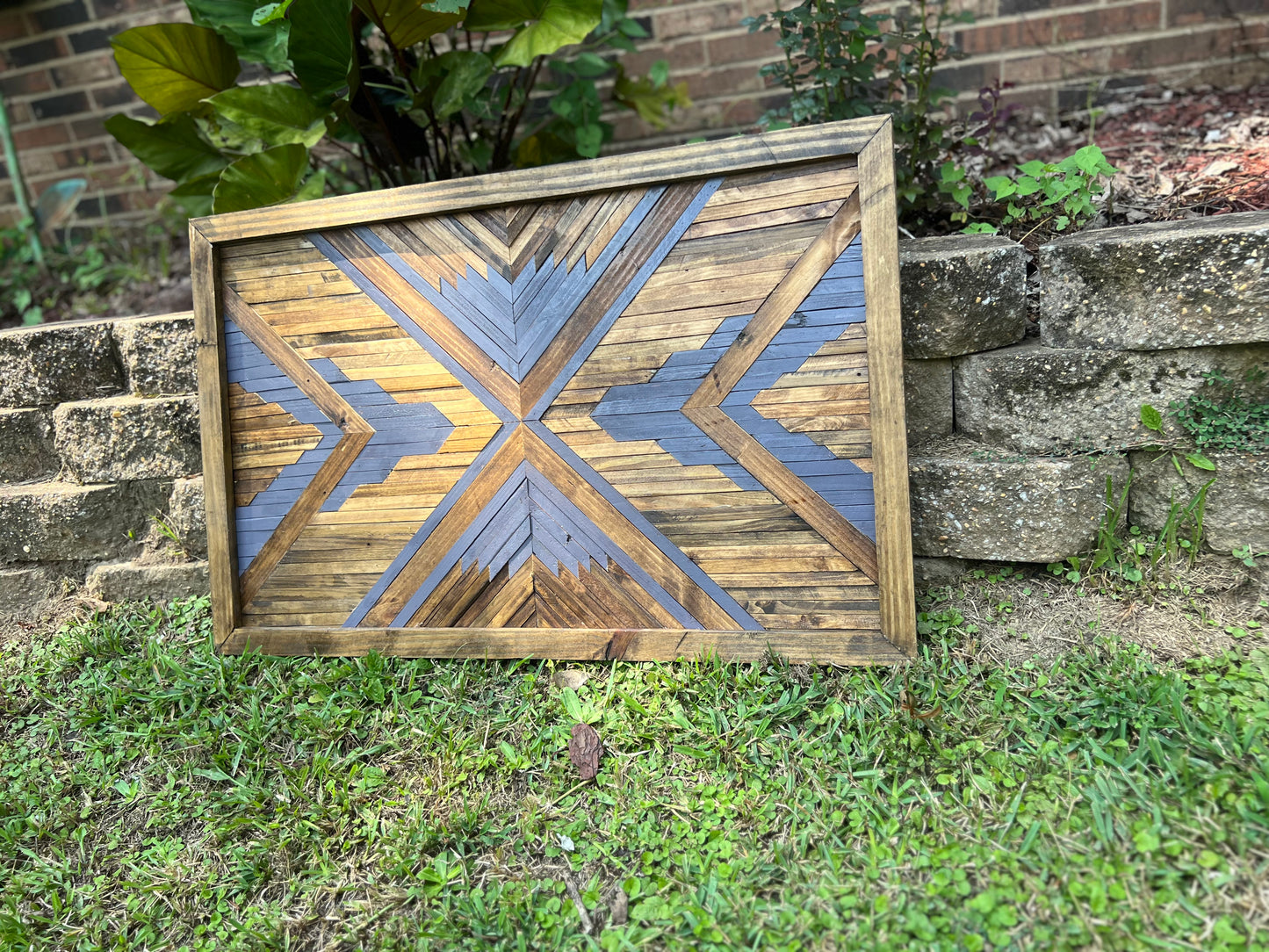 Rustic Geometric Wood Wall Art – Handmade Reclaimed Wood Mosaic with Bold Arrow Design
