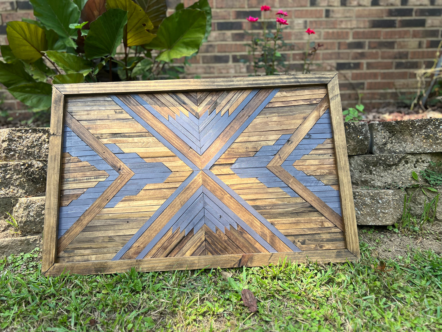 Rustic Geometric Wood Wall Art – Handmade Reclaimed Wood Mosaic with Bold Arrow Design