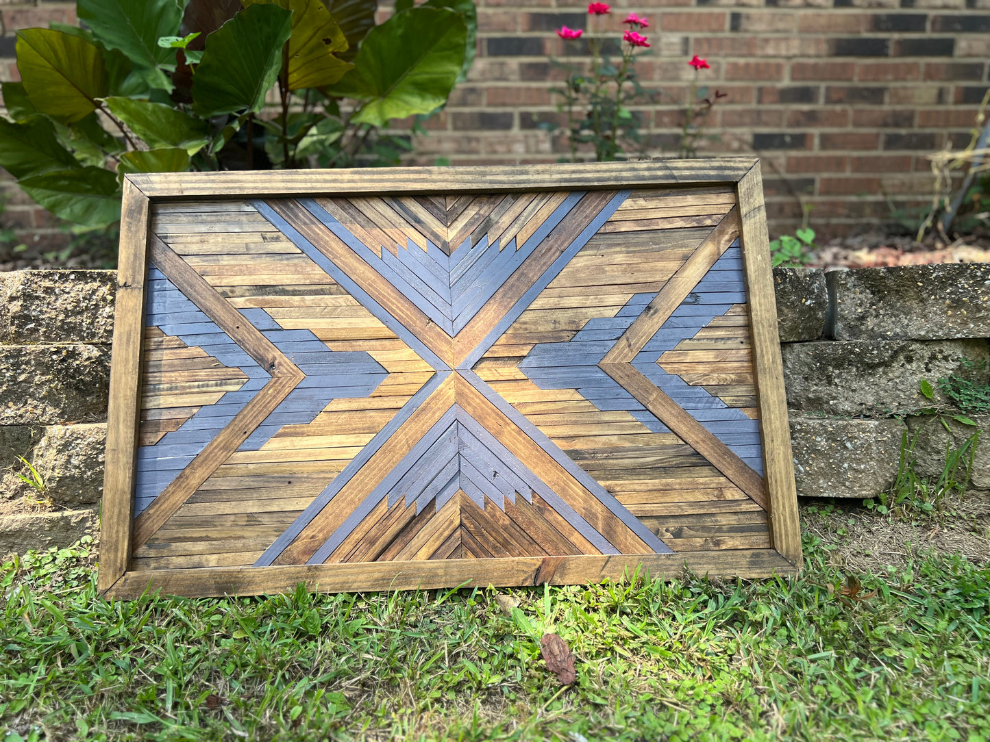 Rustic Geometric Wood Wall Art – Handmade Reclaimed Wood Mosaic with Bold Arrow Design