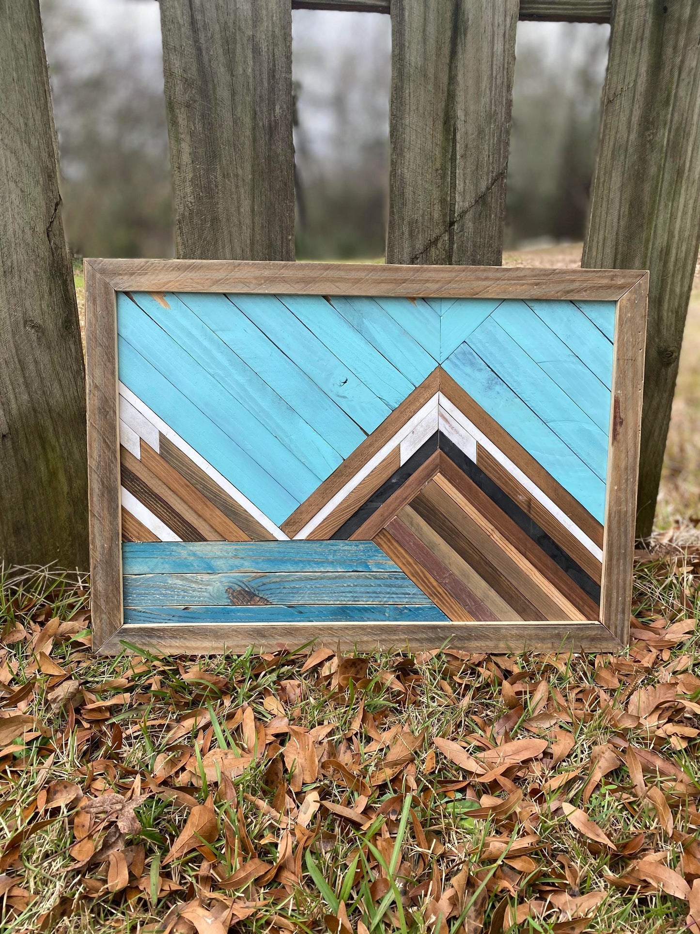Rustic Mountain Wood Wall Art – Geometric Wood Art | Boho Landscape Wall Decor | Handmade Blue Wooden Art | Farmhouse Cabin Wall Hanging