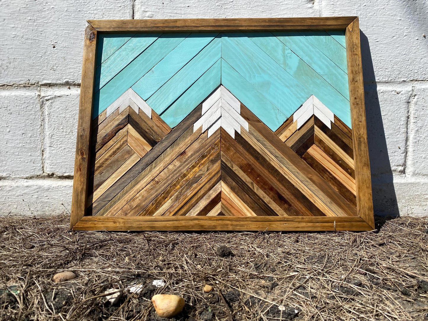 Geometric Wood Mountain Wall Art | Handmade Reclaimed Wood Mosaic | Boho Rustic Landscape Decor | Blue Sky Nature Art for Living Room