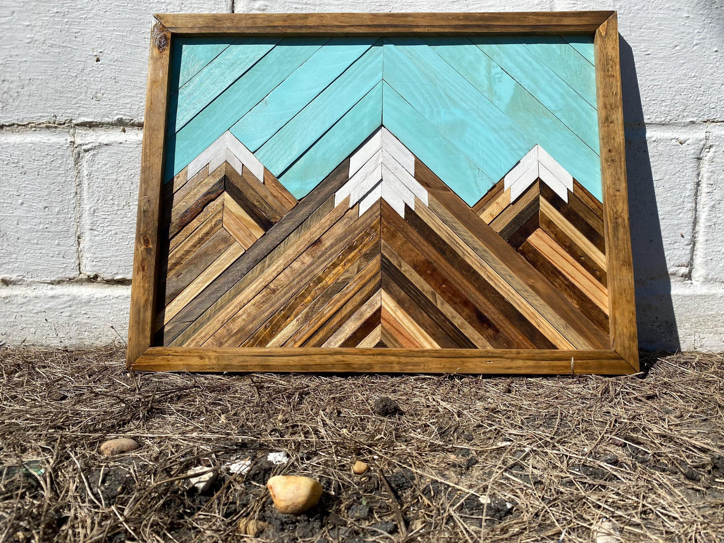 Geometric Wood Mountain Wall Art | Handmade Reclaimed Wood Mosaic | Boho Rustic Landscape Decor | Blue Sky Nature Art for Living Room