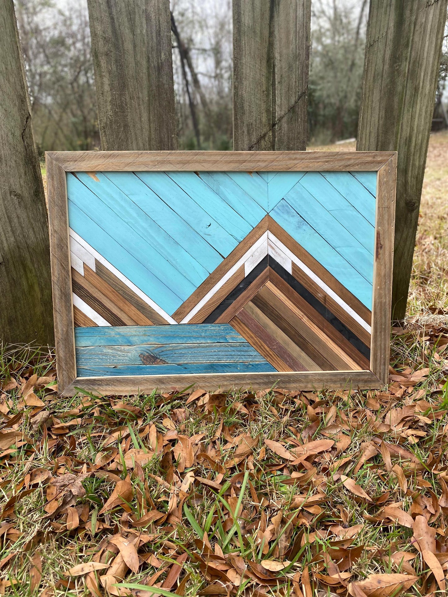 Rustic Mountain Wood Wall Art – Geometric Wood Art | Boho Landscape Wall Decor | Handmade Blue Wooden Art | Farmhouse Cabin Wall Hanging
