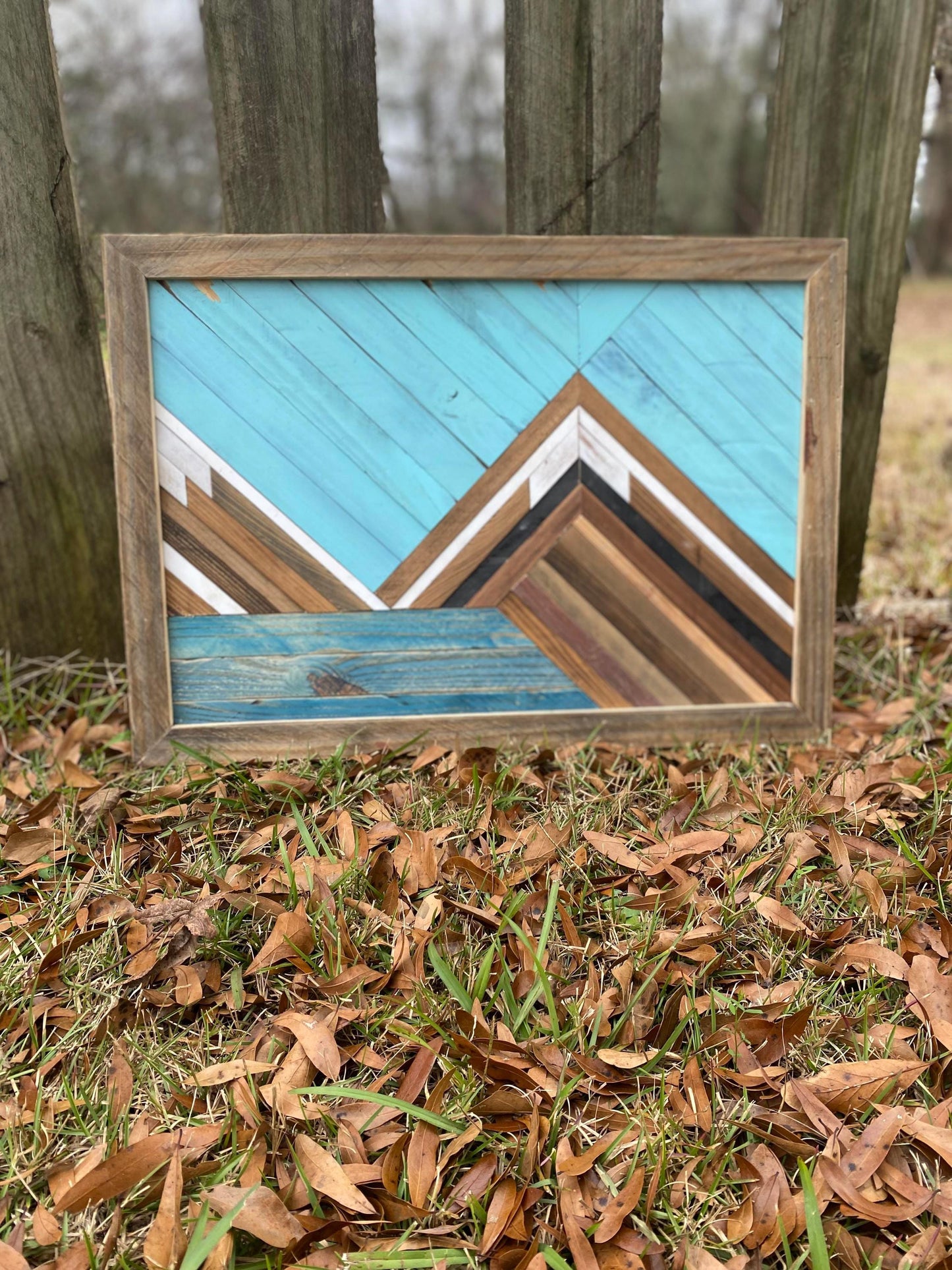 Rustic Mountain Wood Wall Art – Geometric Wood Art | Boho Landscape Wall Decor | Handmade Blue Wooden Art | Farmhouse Cabin Wall Hanging