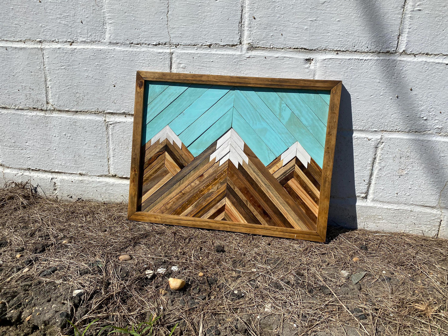 Geometric Wood Mountain Wall Art | Handmade Reclaimed Wood Mosaic | Boho Rustic Landscape Decor | Blue Sky Nature Art for Living Room