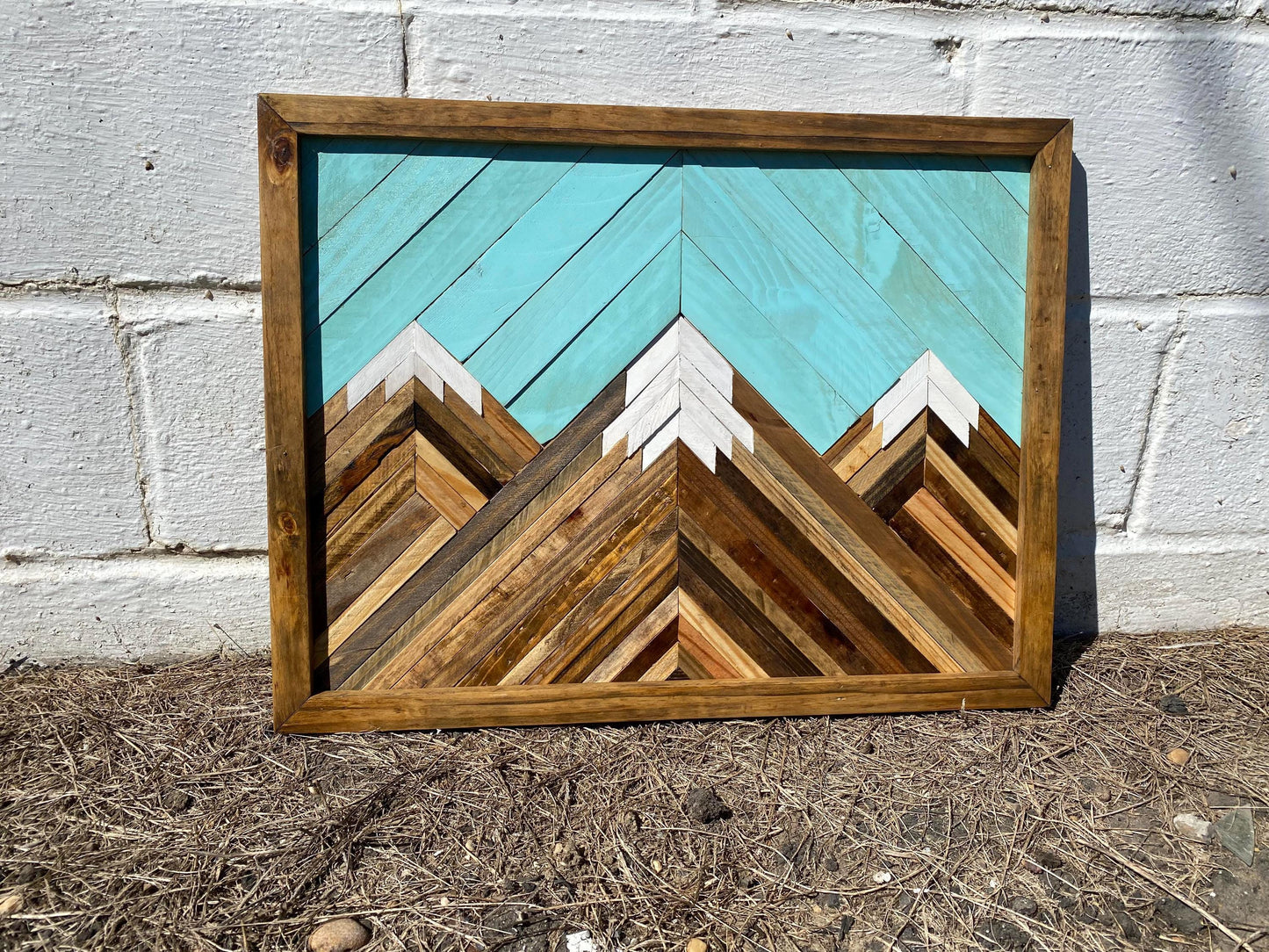 Geometric Wood Mountain Wall Art | Handmade Reclaimed Wood Mosaic | Boho Rustic Landscape Decor | Blue Sky Nature Art for Living Room