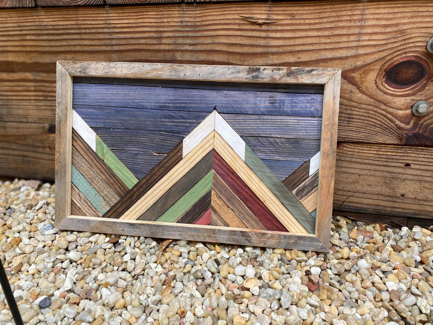 Rustic Mountain Mosaic Wall Art – Reclaimed Wood Geometric Landscape | Nature-Inspired Wall Hanging | Handcrafted Cabin Decor