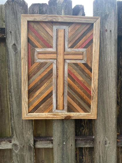 Rustic Reclaimed Wood Cross Wall Art – Handmade Geometric Mosaic
