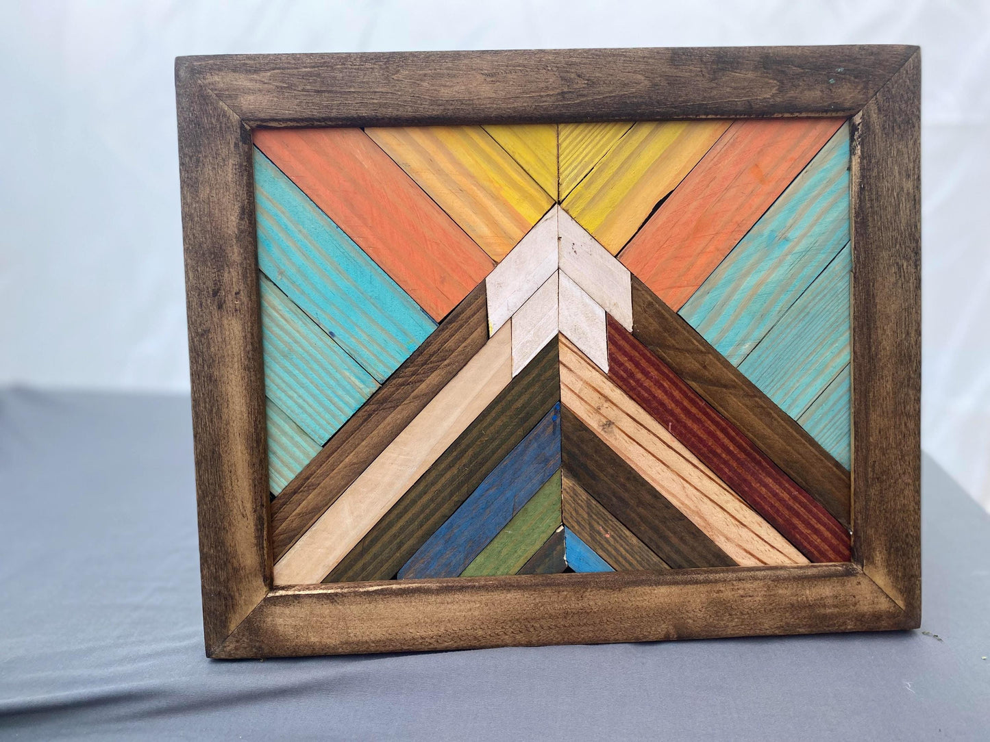 Colorful Mountain Wall Art – Vibrant Reclaimed Wood Mosaic | Handmade Boho Wall Hanging | Rustic Rainbow Geometric Decor