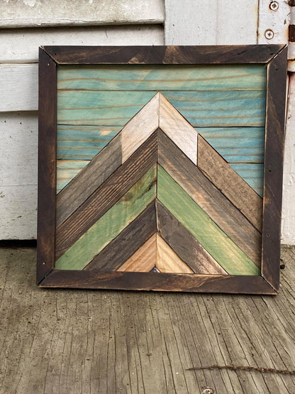 Reclaimed Wood Mountain Wall Art – Green & Turquoise Chevron Mosaic | Square Rustic Modern Decor | Nature-Inspired Wall Hanging