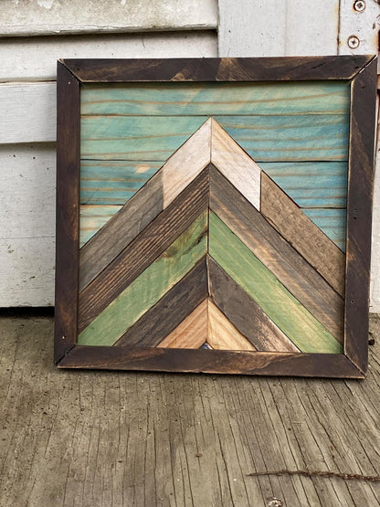 Reclaimed Wood Mountain Wall Art – Green & Turquoise Chevron Mosaic | Square Rustic Modern Decor | Nature-Inspired Wall Hanging