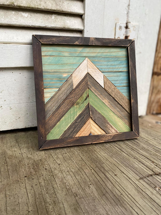 Reclaimed Wood Mountain Wall Art – Green & Turquoise Chevron Mosaic | Square Rustic Modern Decor | Nature-Inspired Wall Hanging