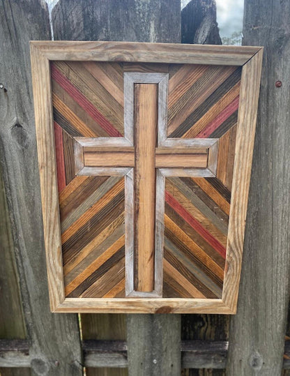 Rustic Reclaimed Wood Cross Wall Art – Handmade Geometric Mosaic