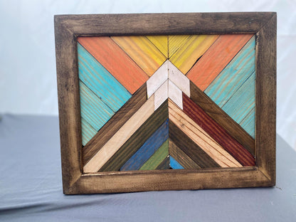 Colorful Mountain Wall Art – Vibrant Reclaimed Wood Mosaic | Handmade Boho Wall Hanging | Rustic Rainbow Geometric Decor