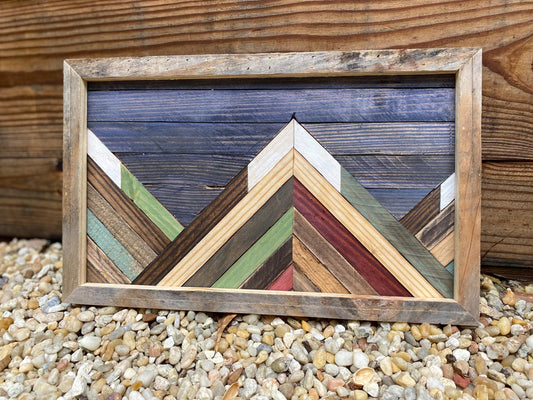 Rustic Mountain Mosaic Wall Art – Reclaimed Wood Geometric Landscape | Nature-Inspired Wall Hanging | Handcrafted Cabin Decor