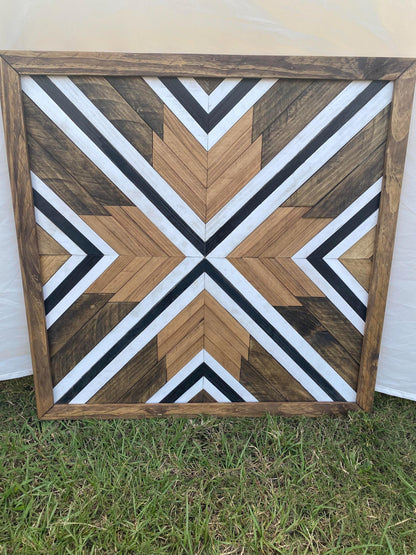 Modern Monochrome Geometric Wood Wall Art – Reclaimed Chevron Mosaic