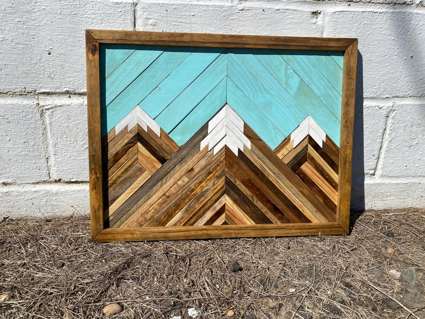 Geometric Wood Mountain Wall Art | Handmade Reclaimed Wood Mosaic | Boho Rustic Landscape Decor | Blue Sky Nature Art for Living Room