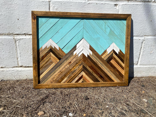 Geometric Wood Mountain Wall Art | Handmade Reclaimed Wood Mosaic | Boho Rustic Landscape Decor | Blue Sky Nature Art for Living Room