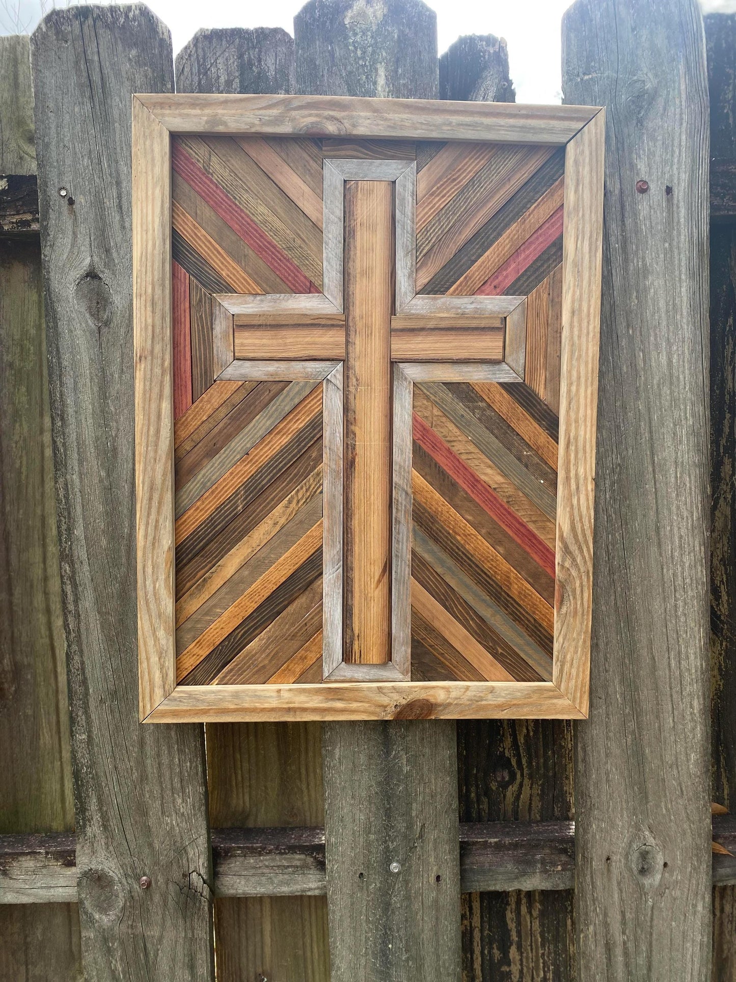 Rustic Reclaimed Wood Cross Wall Art – Handmade Geometric Mosaic