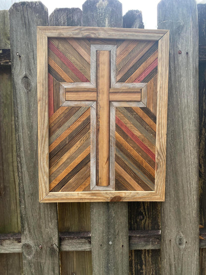 Rustic Reclaimed Wood Cross Wall Art – Handmade Geometric Mosaic