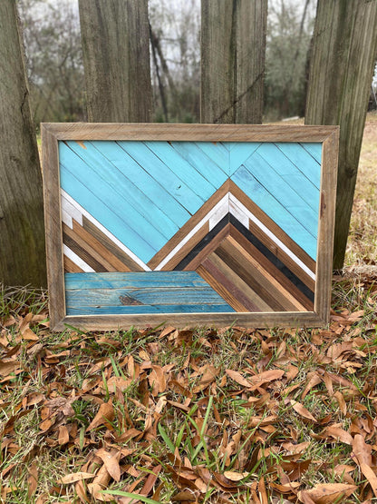 Rustic Mountain Wood Wall Art – Geometric Wood Art | Boho Landscape Wall Decor | Handmade Blue Wooden Art | Farmhouse Cabin Wall Hanging