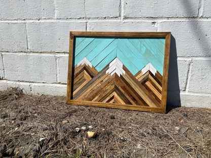 Geometric Wood Mountain Wall Art | Handmade Reclaimed Wood Mosaic | Boho Rustic Landscape Decor | Blue Sky Nature Art for Living Room