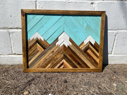 Geometric Wood Mountain Wall Art | Handmade Reclaimed Wood Mosaic | Boho Rustic Landscape Decor | Blue Sky Nature Art for Living Room