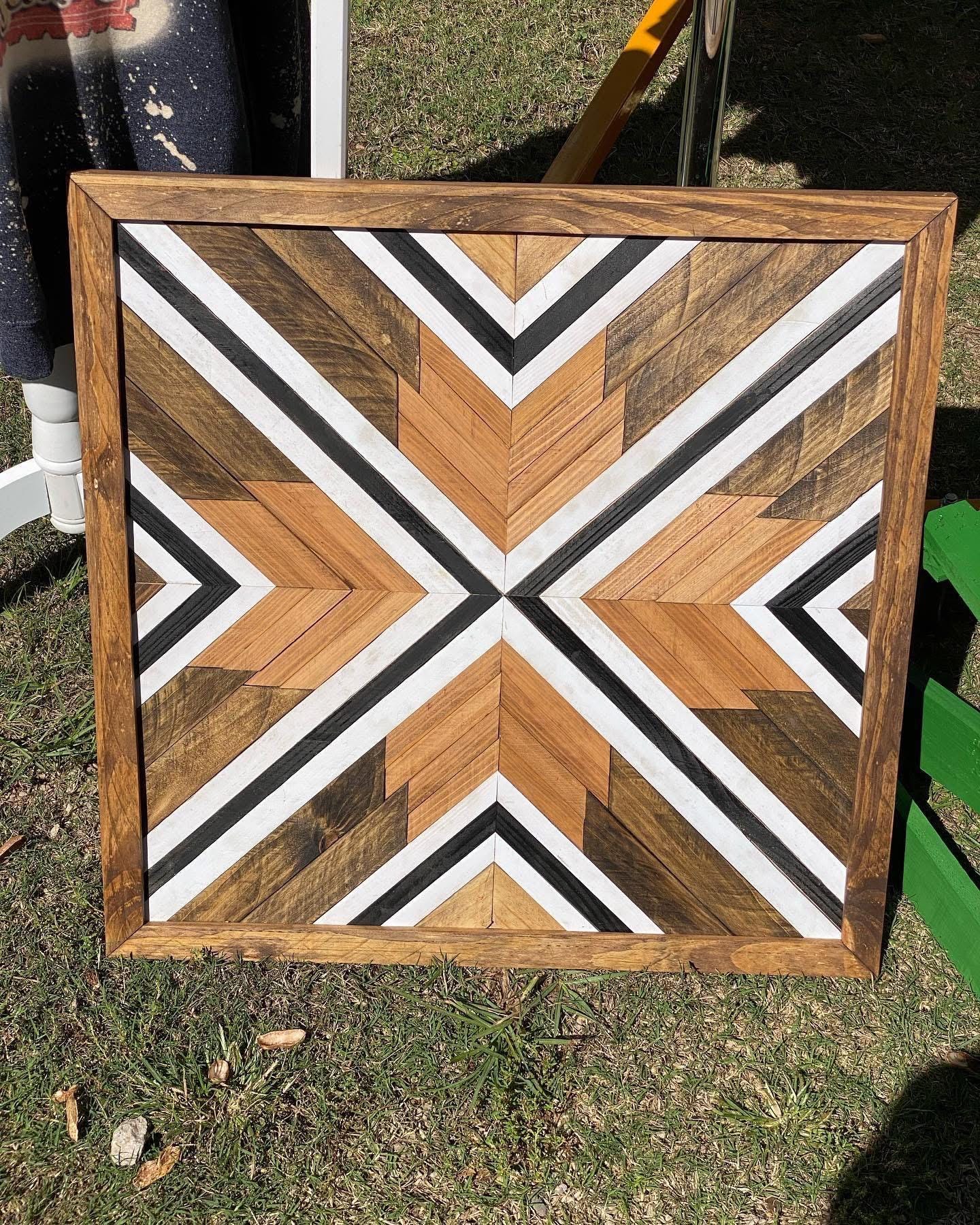Modern Monochrome Geometric Wood Wall Art – Reclaimed Chevron Mosaic