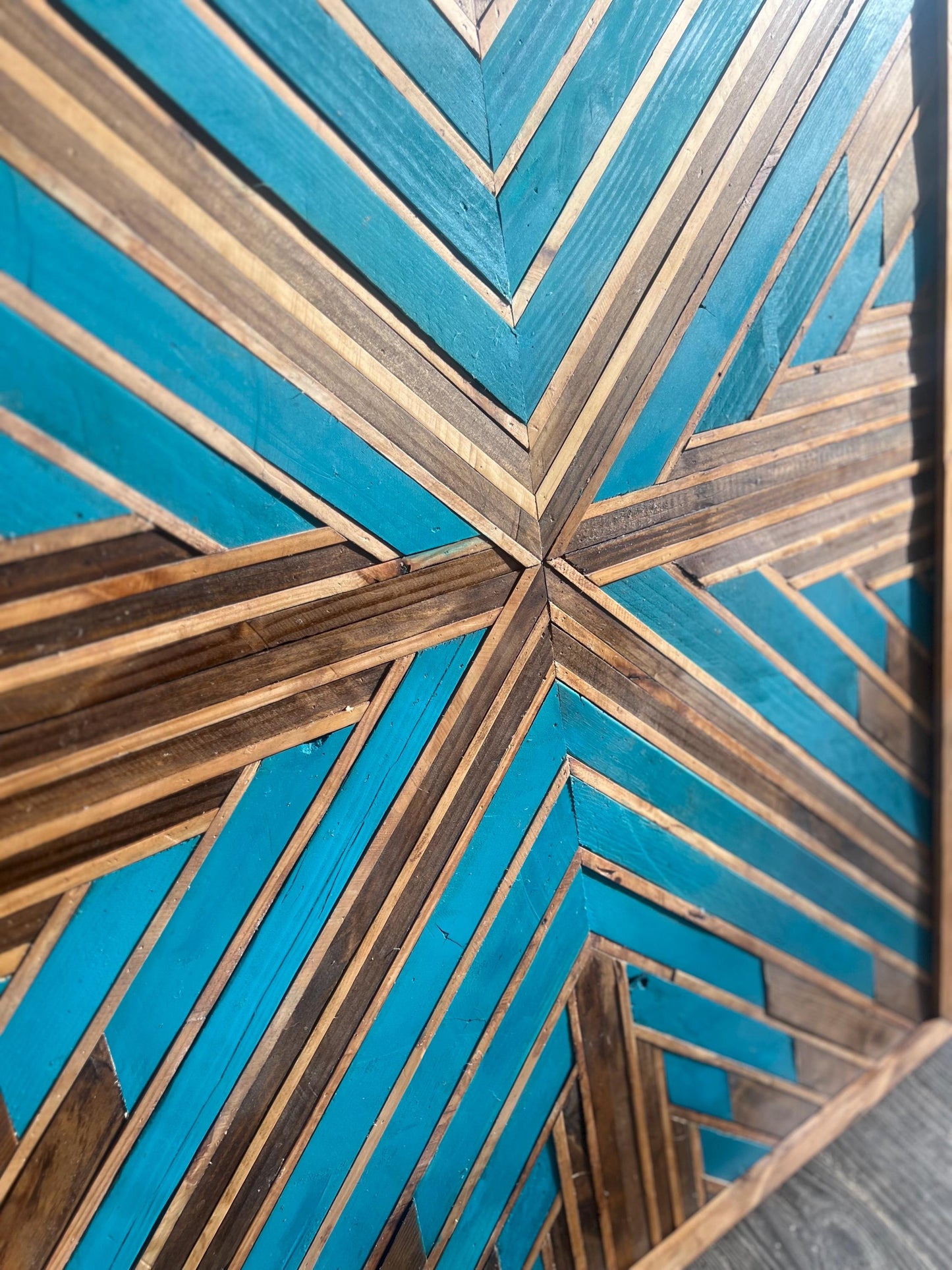 Vibrant Teal Geometric Wood Wall Art – Reclaimed Mosaic