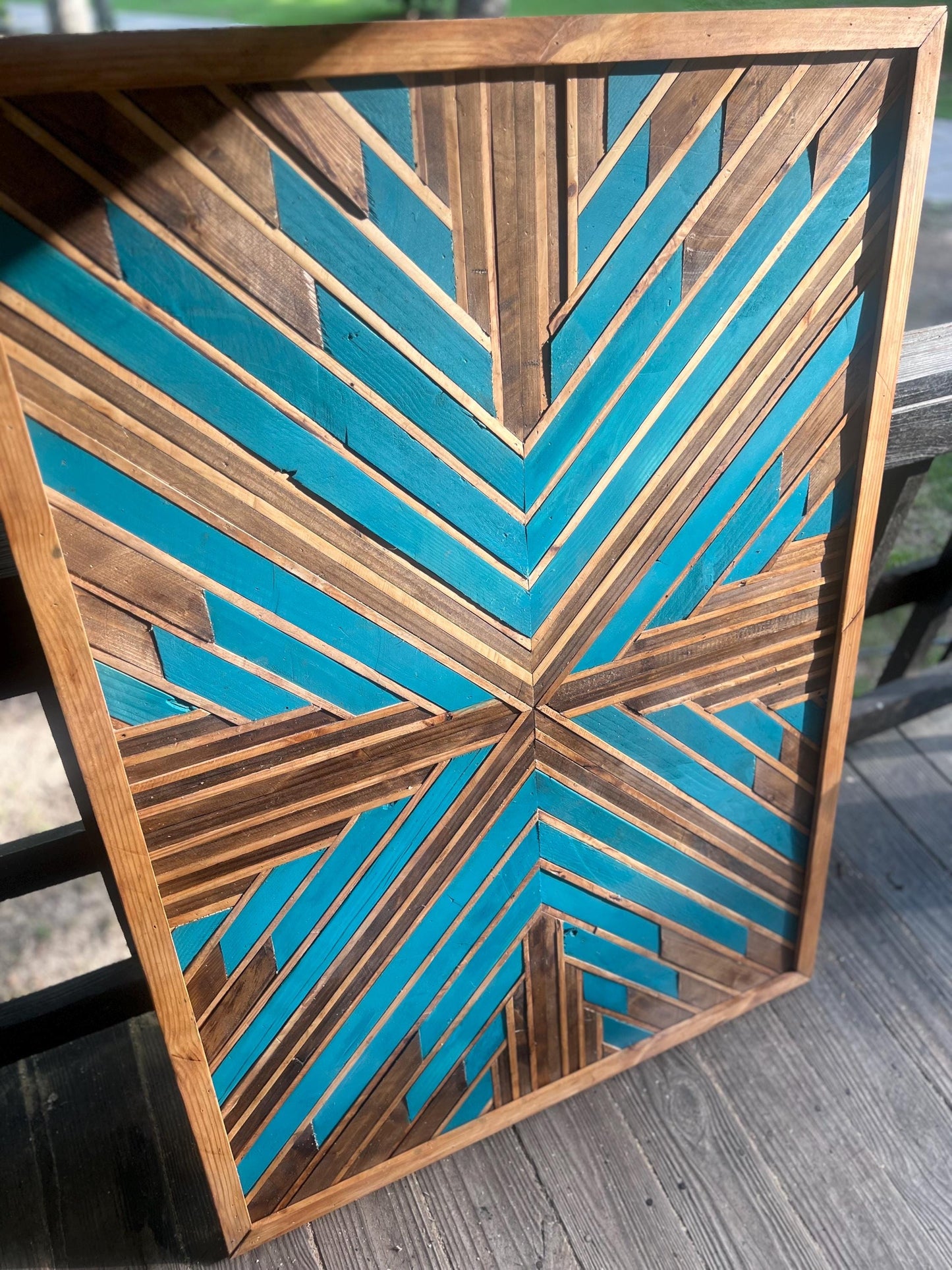 Vibrant Teal Geometric Wood Wall Art – Reclaimed Mosaic