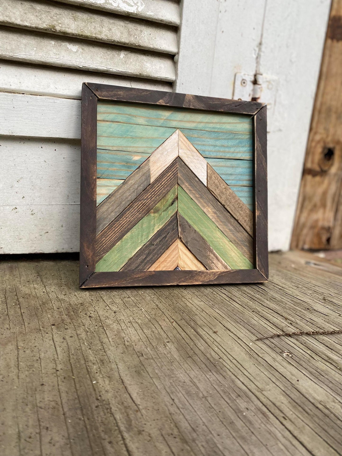Reclaimed Wood Mountain Wall Art – Green & Turquoise Chevron Mosaic | Square Rustic Modern Decor | Nature-Inspired Wall Hanging