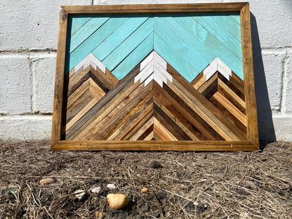 Geometric Wood Mountain Wall Art | Handmade Reclaimed Wood Mosaic | Boho Rustic Landscape Decor | Blue Sky Nature Art for Living Room