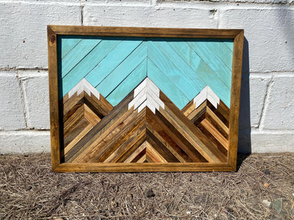 Geometric Wood Mountain Wall Art | Handmade Reclaimed Wood Mosaic | Boho Rustic Landscape Decor | Blue Sky Nature Art for Living Room