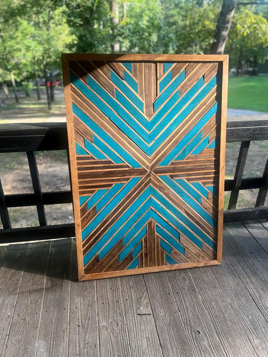 Vibrant Teal Geometric Wood Wall Art – Reclaimed Mosaic