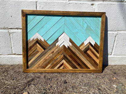 Geometric Wood Mountain Wall Art | Handmade Reclaimed Wood Mosaic | Boho Rustic Landscape Decor | Blue Sky Nature Art for Living Room