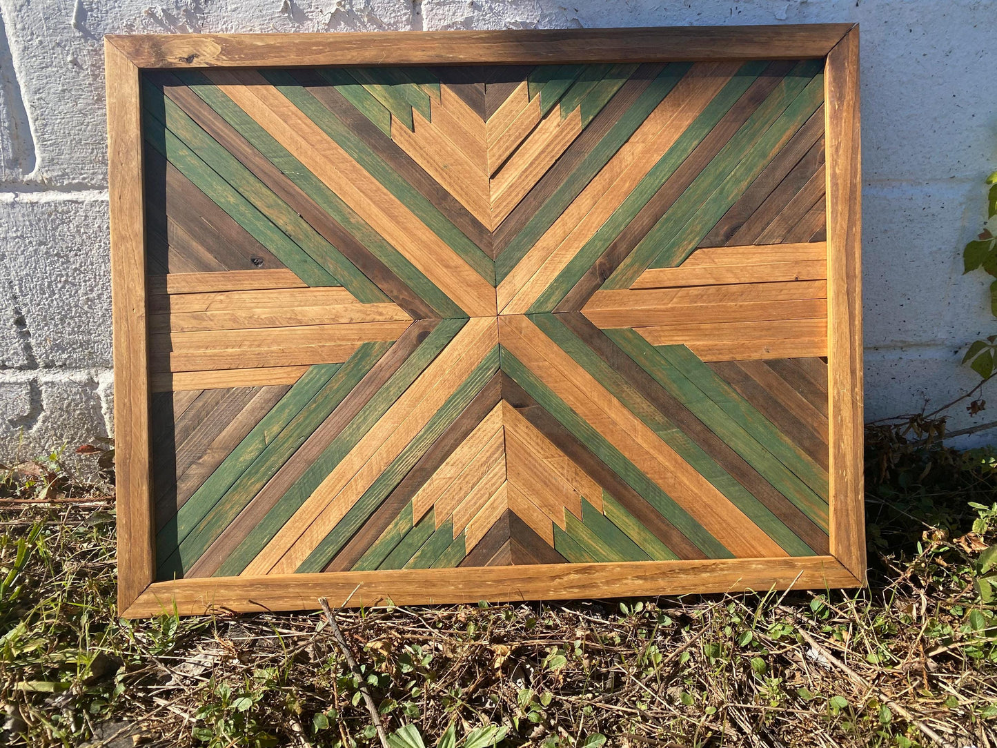Rustic Green Geometric Wood Wall Art – Reclaimed Chevron Mosaic
