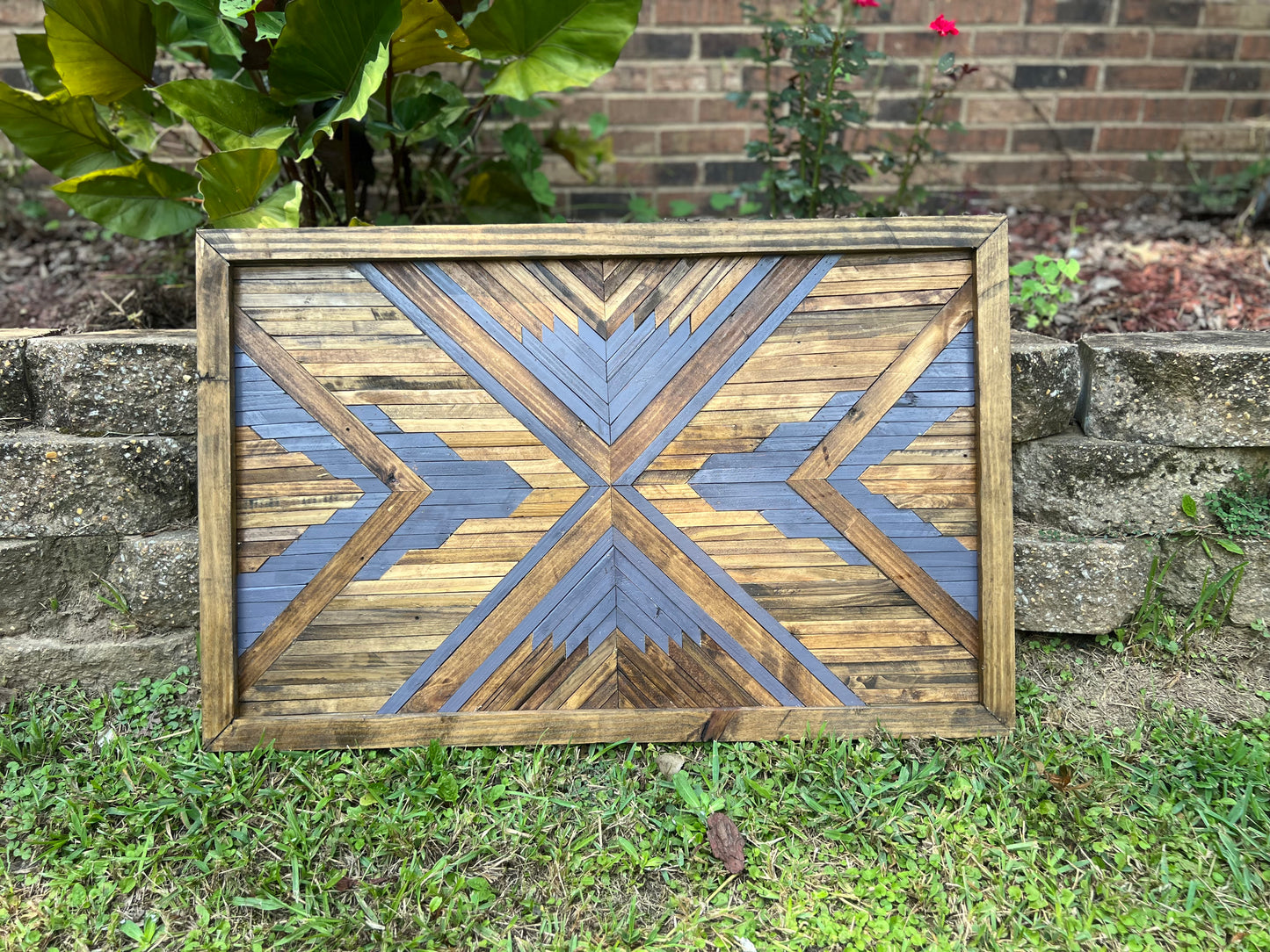 Rustic Geometric Wood Wall Art – Handmade Reclaimed Wood Mosaic with Bold Arrow Design