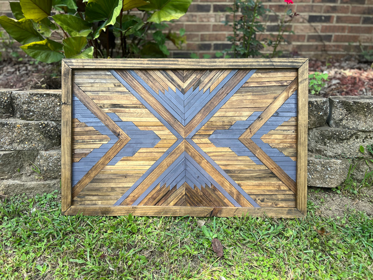 Rustic Geometric Wood Wall Art – Handmade Reclaimed Wood Mosaic with Bold Arrow Design